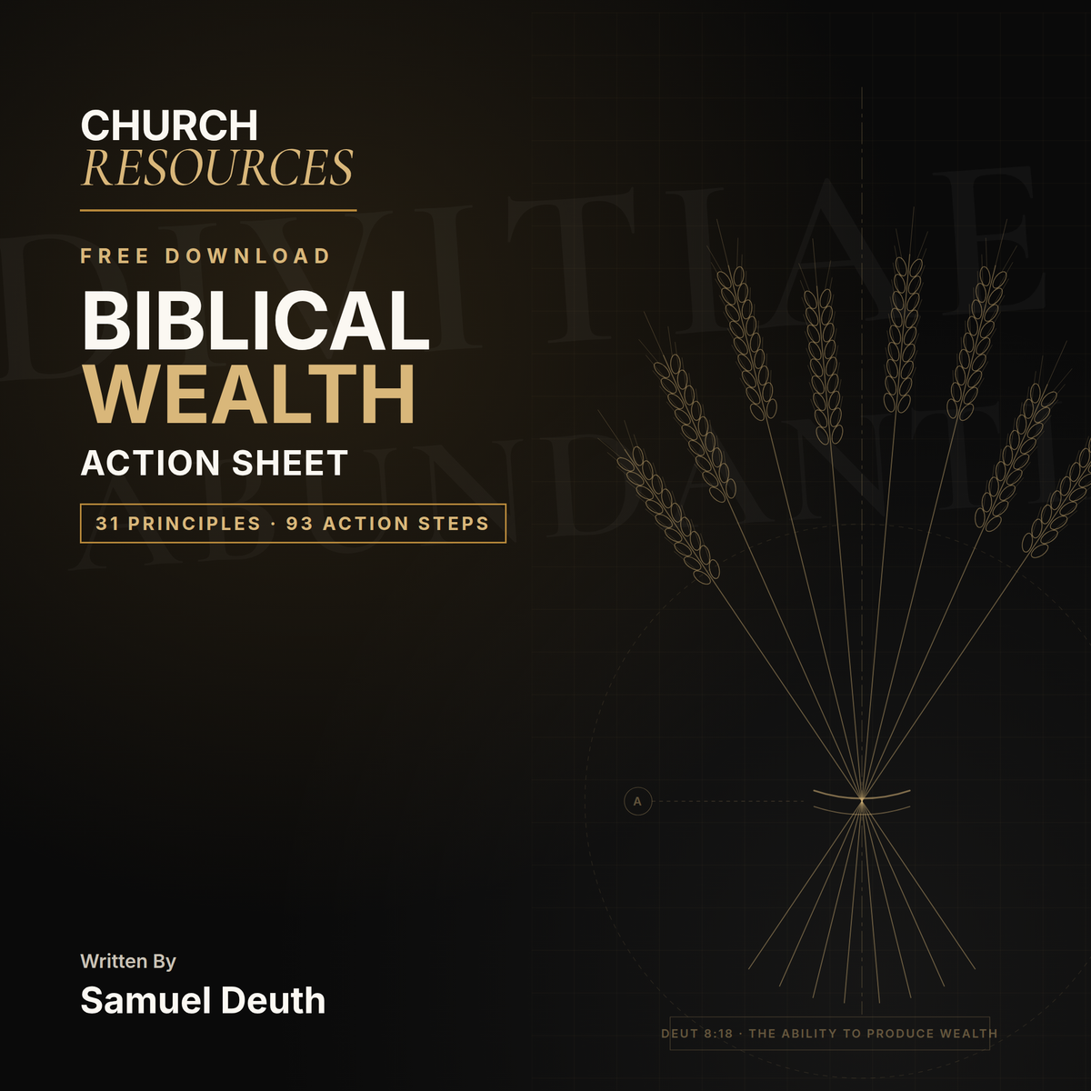 Digital cover for a church resource download titled 'Biblical Wealth Action Sheet' by Samuel Death, featuring a dark background with gold wheat illustrations and white and gold text.