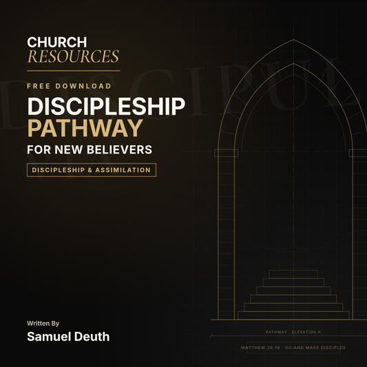 Digital cover for a free download resource titled 'Discipleship Pathway for New Believers' by Church Resources, written by Samuel Deuth. The design features a dark black background with a minimalist gold line drawing of an arched doorway and steps on the right, and white and gold text on the left.