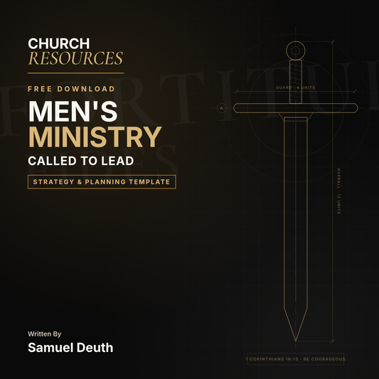 Promotional graphic for a digital download template titled 'Men's Ministry Called to Lead' by Church Resources, written by Samuel Death. The design features a dark black background with gold and white typography, alongside a gold line-art schematic of a sword with measurement annotations on the right.