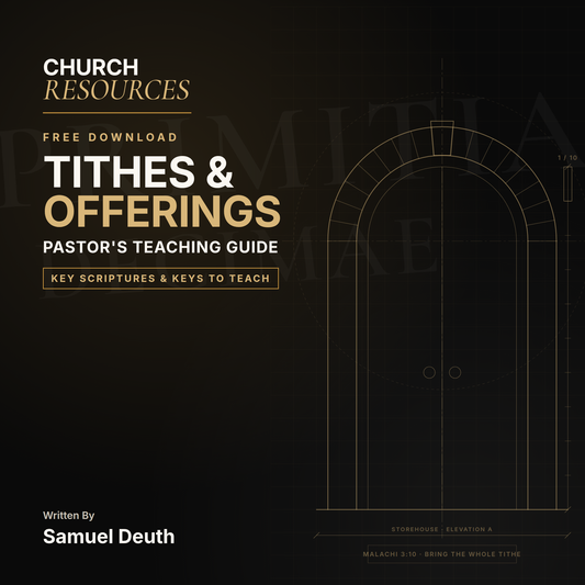 Digital cover for a free download teaching guide titled 'Tithes & Offerings: Pastor's Teaching Guide' by Samuel Deuth, published by Church Resources. The cover features a dark black background with elegant gold and white typography and a gold line drawing of an arched doorway on the right.